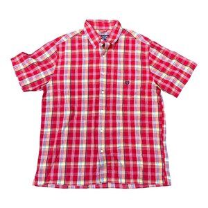Chaps Mens Red Plaid Short-Sleeve Button-Up Shirt L 55% Linen 45% Cotton Casual